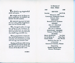 Funeral Program for Paul Welo.