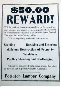 Poster of the reward at the Potlatch mill.