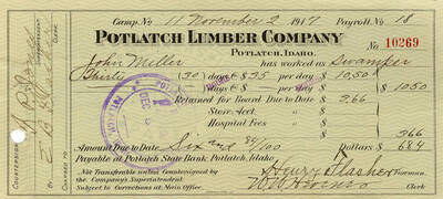 Pay stub for John Miller. It says that he worked at Camp No. 11 for 30 hours at $35 per hour. He made $1,050 and had $366 taken out by the board.