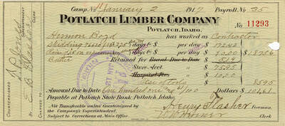 Pay stub for Hermon Boyd. It says that he worked as a contractor at Camp No. 11 for $225 per month. He made $187.56 and had $85.95 taken out.