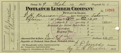 Pay stub for a man who worked as a scalar at Camp No. 9 for 15 days at $5 per month. He made $2.50.