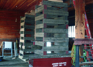 Photograph of shoring up the upper floor of the Wi&M Depot in Potlatch during restoration.