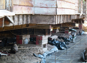 Photograph of preparation for new foundation under the WI&M Depot in Potlatch.