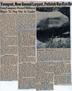 Newspaper clipping: Youngest, Now Second Largest, Potlatch Has Eye On Long Company-Owned Milltown Hopes to Step Out As Leader.