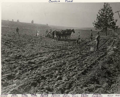 Workers Howard Wilcox, Leta Kislig, Ivan Clark, Rose Clark, Alfred Weible, Bill Leistner, Bud McKown, Art Kislig, Dave Kelmer, and Randolph Zimmerman plowing a field with a team of draft horses. Photograph taken about 1926.