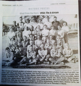 Photograph of Potlatch Junior High School Class of 1950. Seventh grade A. Front Row: Lee Lisher, Don Cofey, Jach Hash, Lee Shelman, Don Kinman and Floyd Hansen. Second Row, Ron Wright, Gary Nygaard and Kenney King. Third row, Mary Walser, Phyllis Cochrane, Jeanne Waide, Janice Carscallen, Janice Vowels, Garoldine Cone, Shirley Vandemark and Joyce Becker. Fourth Row: Sheila Kusler, Diana Clossen, Barbara Getz, Wilma Hanna, Sharon Mills, Joyce Cone, Connie Bartlett, Mary Ann Howell and the teacher, Miss Nichols. Fifth row, Ed Lundt, John Spelgatti, Jeraldine Bohenkamp, Sandra Short, Deanna Curtis, Joe Beplate and Jerry Rohn.