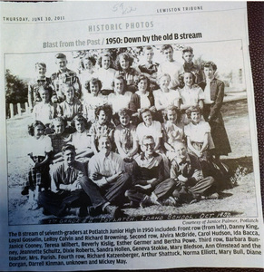 Photograph of Potlatch Junior High School Class of 1950. Front row (from left), Danny King, Loyal Gosselin, LeRoy Colvin and Richard Browning. Second row, Alvira McBride, Carol Hudson, Ida Bacca, Janice Cooney, Teresa Milbert, Beverly Kislig, Esther Germer, and Bertha Powe. Third row, Barbara Bunny, Jeannette Schultz, Dixie Roberts, Sandra Hollen, Geneva Stokke, Mary Bledsoe, Ann Olmstead and the teacher, Mrs. Parish. Fourth Row, Richard Katzenberger, Arthur Shattuck, Norma Elliott, Mary Bull, Diane Dorgan, Darrell Kinman, unknown, and Mickey May.