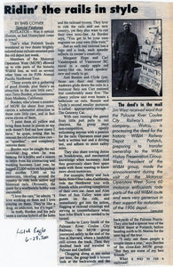 Newspaper article by Barb Coyner, "Ridin' the rails in style" in the Latah Eagle. Jim West is featured.