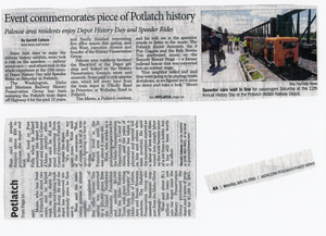 Newspaper article by Garrett Cabeza, "Event commemorates piece of Potlatch history." Palouse area residents enjoy Depot History Day and Speeder rides.