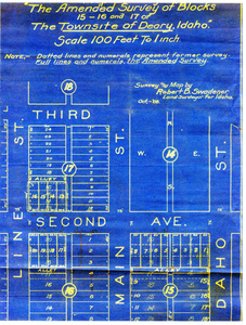 Map showing the amended survey of blocks 15-16 and 17 of the Townsite of Deary, Idaho.