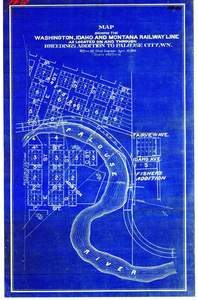 Map showing the Washington, Idaho, and Montana Railway Line as located on and through Breedings Addition to Palouse City, WN.