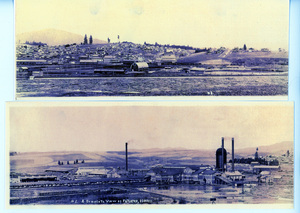 Panorama of Potlatch, Idaho. The white Potlatch Lumber Company office building, now Potlatch City Hall, is behind the WI&M depot, baseball field is at far right; lumber company horse barn is in front of the depot. Mill pond is fills with logs. Just to the right of the mill boiler house are WI&M engine coal, oil and water facilities. Panorama is titled "A complete view of Potlatch, Idaho."