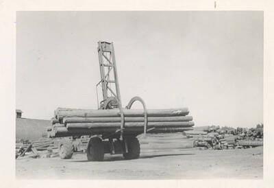 A LeTourneau log unloading machine with grappling-like hooks holding onto the logs as they are moved around the yard.