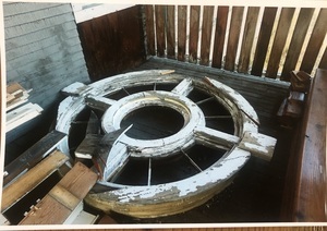 Photograph of the round window frame from the Potlatch gymnasium.