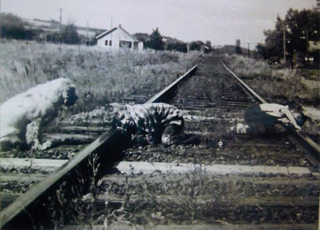 Photograph of Andy and William Bull listening on the tracks of the WI&M Railway for an oncoming train.