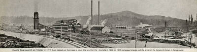 A panoramic view of the Elk River sawmill as it looked in 1911. Axel helped cut the tree to clear the land for the townsite in 1909. In 1910 he helped dredge out the area for the log pond shown in the foreground.