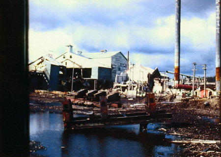 Photograph of buildings at the Potlatch Mill during demolition.
