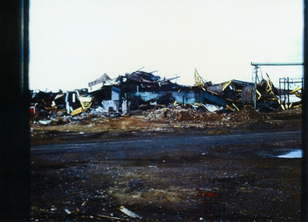 Photograph of buildings at the Potlatch Mill during demolition.