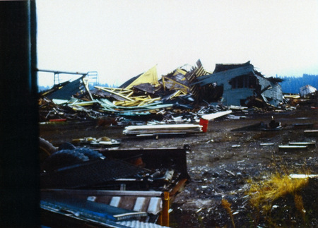 Photograph of buildings at the Potlatch Mill during demolition.
