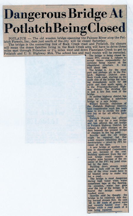 Newspaper Clipping: Dangerous Bridge at Potlatch Being Closed