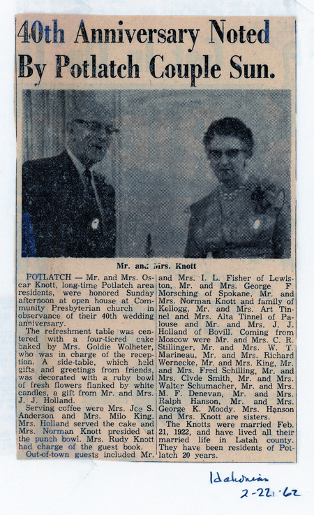 Newspaper article: 40th Anniversary of Mr. and Mrs. Oscar Knott noted by Potlatch Couple Sun.