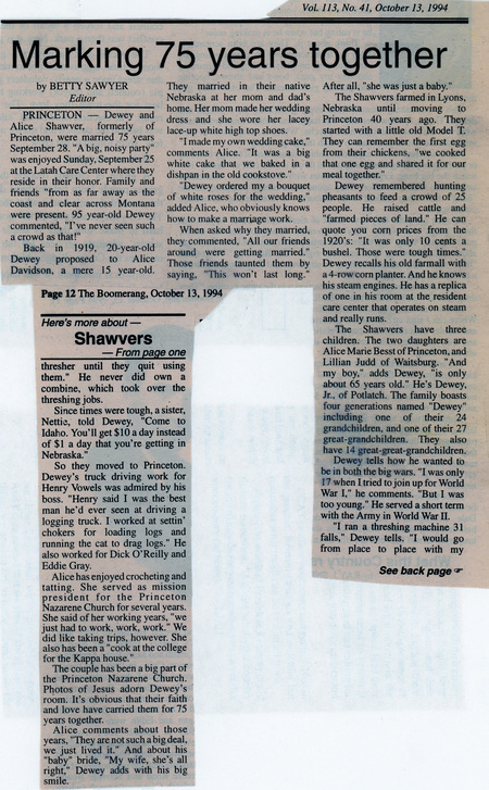 Newspaper article by Betty Sawyer. Marking 75 years together