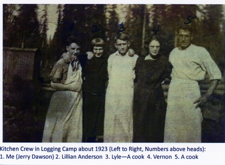 Photograph of kitchen camp crew with Jerry Dawson, Lillian Anderson and unidentified men.