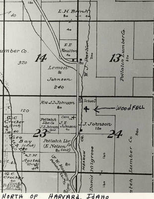 A township map of land North of Harvard, Idaho. Several lots are diagrammed, and a hand written note points to Woodfell on the J. J. Johnson lot south of the School.