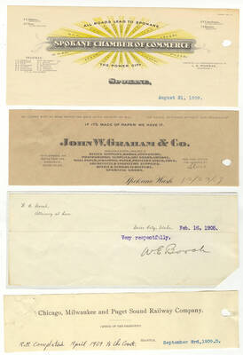 Letterheads for: Spokane Chamber of Commerce; John W. Graham & Co., wholesale and retail dealers of paper products; W. E. Borah, attorney at law of Boise City, Idaho; and the office of the president of the Chicago, Milwaukee, and Puget Sound Railway Company.