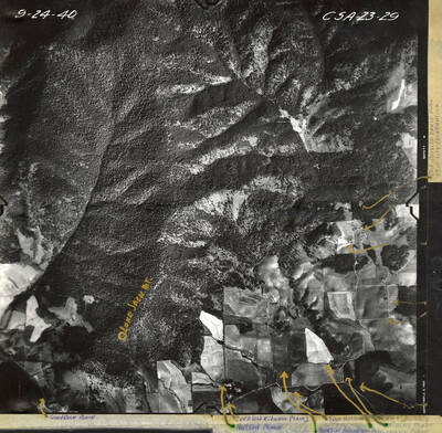 An aerial photograph of the Deep Creek region. Many locations are marked on the photograph: Sandrock Place; Lone Jack Mt.; Cora (Old Kidwell Place); Hutton Place; Sam Hutton; Martin Anderson Woolverton Place; Ripley Place; Art Kislig; Old Outside Dance Hall; 4th of July Celebration.