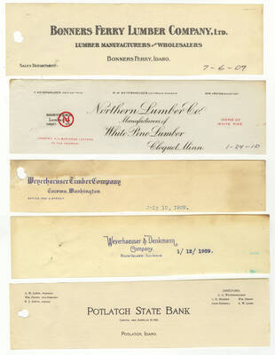 Letterheads for: Bonners Ferry Lumber Company, Northern Lumber Company, Weyerhaeuser Timber Company, Weyerhaeuser & Denkmann Company, and Potlatch State Bank.