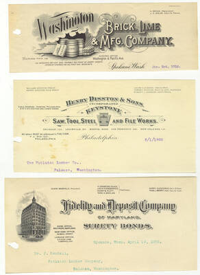 Letterheads for: Washington Brick, Lime, & Manufacturing Company; Henry Disston & Sons, Incorporated saw, tool, steel, and file works; and Fidelity and Deposit Company of Maryland surety bonds.
