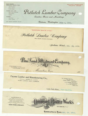 Letterheads for: Potlatch Lumber Company lumber, boxes, and moldings; Wm. Deary, General Manager of the Potlatch Lumber Company; Pine Land Investment Company; Payette Lumber and Manufacturing Company; and Diamond Boiler Works.