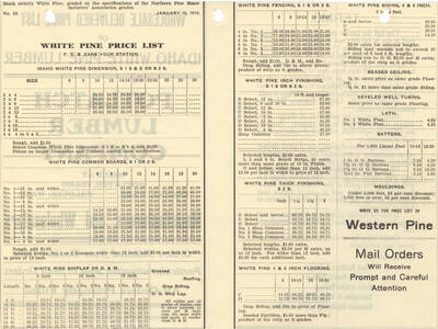 The inside of the wholesale delivered price list of Idaho White Pine from the Potlatch Lumber Company.