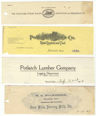 Letterheads for: The Hartford Steam Boiler Inspection and Insurance Company, Retail Lumber and Fuel of the Potlatch Lumber Company, the logging department of the Potlatch Lumber Company, and W.A. Wilkinson the designer and builder of saw mills, and planing mills.