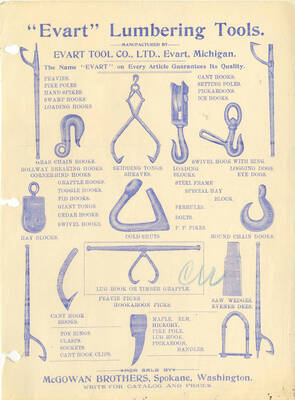 Illustrations of 'Evart' Lumbering tools manufactured by the Evart Tool Company in Evart, Michigan.