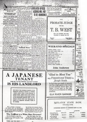 A continuation of Elk River News Front Page's article 'Potlatch Officer Asserts Mill not to be Abandoned' along with Potlatch announcements and a short article about the war veteran employment preference in Idaho.