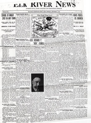 The front page of Elk River News addressing lumber business taxes, arson, unemployment grants, mining activities in Elk River, Reverend Richard T. 'Dick' Ferrell, and other small events in Bovill, Deary, Potlatch, and surrounding districts.