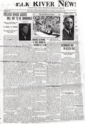 The front page of Elk River News addressing concerns about the Potlatch Forest Inc. abandoning the Potlatch Mill and accounting department, reopening of Boise Banking Institution, and the war on blister rust.