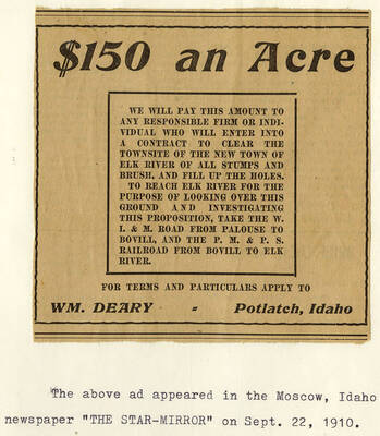 An advertisement from 'The Star-Mirror' newspaper for employment of any individual willing to clear stumps and brush in Elk River. The advertisement includes directions to the job site and information needed to apply.
