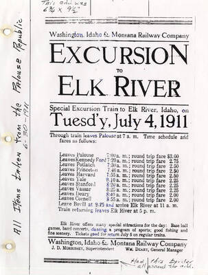 An advertisement from the 'Palouse Republic' for a special excursion train to Elk River Idaho by the Washington, Idaho and Montana Railway Company on Tuesday July 4, 1911 for special attractions such as dancing, baseball, concerts, and games. The advertisement includes a time schedule and fares for the train.