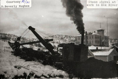 A photograph of a steam shovel at work in Elk River, Idaho.