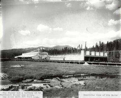 A photograph of the Planer and a battery of 12 Northwest Blower dry kilns that were 121 feet long. Behind is a view of Elk Butte.