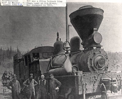 A photograph of the 101 locomotive used at Elk River that was a 65 ton, 3-truck, Lima Shay scrapped in 1939. Photograph from 'Railroad Man' by Walker Gamble.