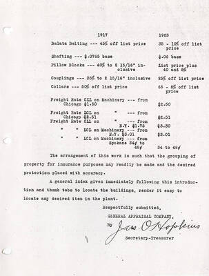 A continuation of the introduction to the appraisal of the Elk River plant. This document finishes the list of prices and summary values used to appraise Elk River and is signed by the Secretary-Treasurer of General Appraisal Company.