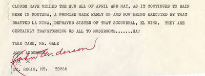A note from John Anderson to Mr. Lee Gale comparing the weather in Montana to La Nina and El Nino.