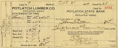 A check made to Homer Delton for $32.25 after working for seven hours at $6/hr and deducting his board fee of $9.75. He was a part of Camp No. 9 at the Potlatch Lumber Company.