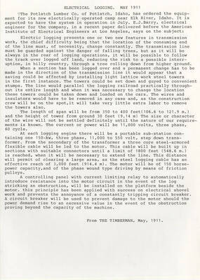 A report from 'The Timberman' with an excerpt from a paper by E.J. Barry about the Potlatch Lumber Company's plan for the operation of the equipment for the new electrically operated camp near Elk River, Idaho. The paper discusses transmission line protection, location, length, power, and electrical work for the electric logging systems.
