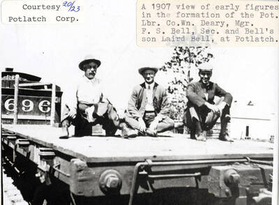 A photograph of Wn. Deary (manager), F.S. Bell (secretary), and Bell's son Laird Bell. They were early figures in the formation of the Potlatch Lumber Company.