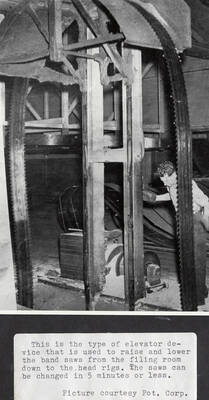 A photograph of an elevator device used to raise and lower band saws from the filing room down to the head rigs so they can be changed in five minutes or less.